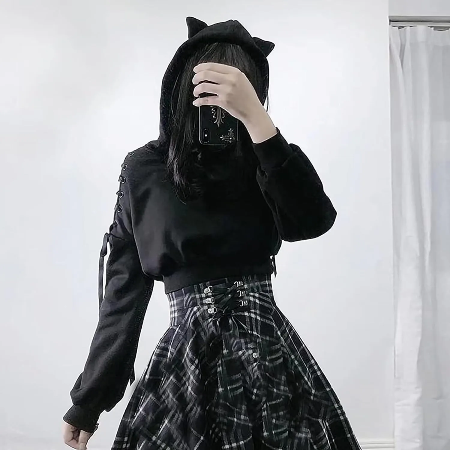 Womens Cat Ear Hoodie Sweatshirt Long Sleeve Sweater Off Shoulder Cat Cute Crop Top Hoodies Pullover