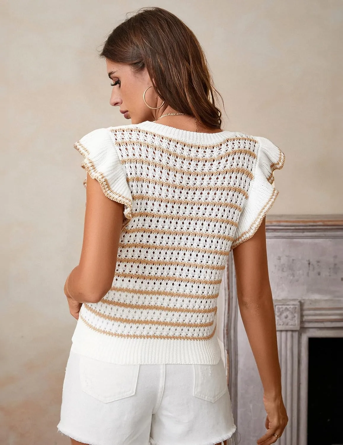 Women's Cute Crochet Knit Striped Sweater Vest Fall 2024 Lightweight Crewneck Ruffles Cap Sleeve Crop Top
