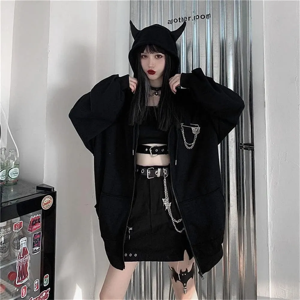Women's Devil Ear Hoodies Gothic Butterfly Brooch Chain Oversized Harajuku Zipper Sweatshirt Jacket
