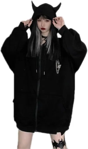 Women's Devil Ear Hoodies Gothic Butterfly Brooch Chain Oversized Harajuku Zipper Sweatshirt Jacket