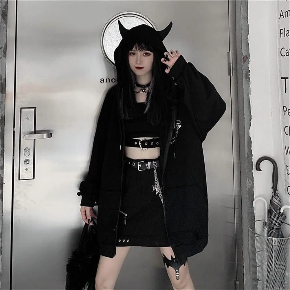 Women's Devil Ear Hoodies Gothic Butterfly Brooch Chain Oversized Harajuku Zipper Sweatshirt Jacket
