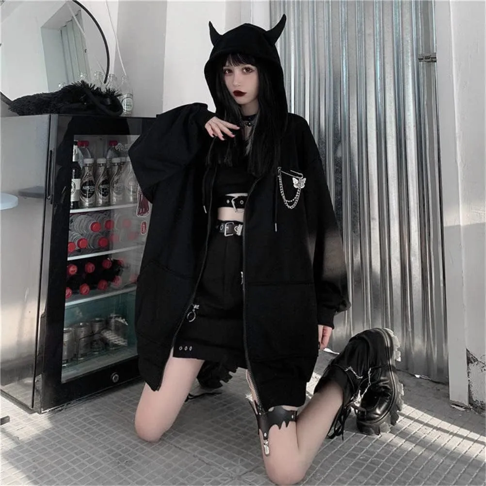 Women's Devil Ear Hoodies Gothic Butterfly Brooch Chain Oversized Harajuku Zipper Sweatshirt Jacket