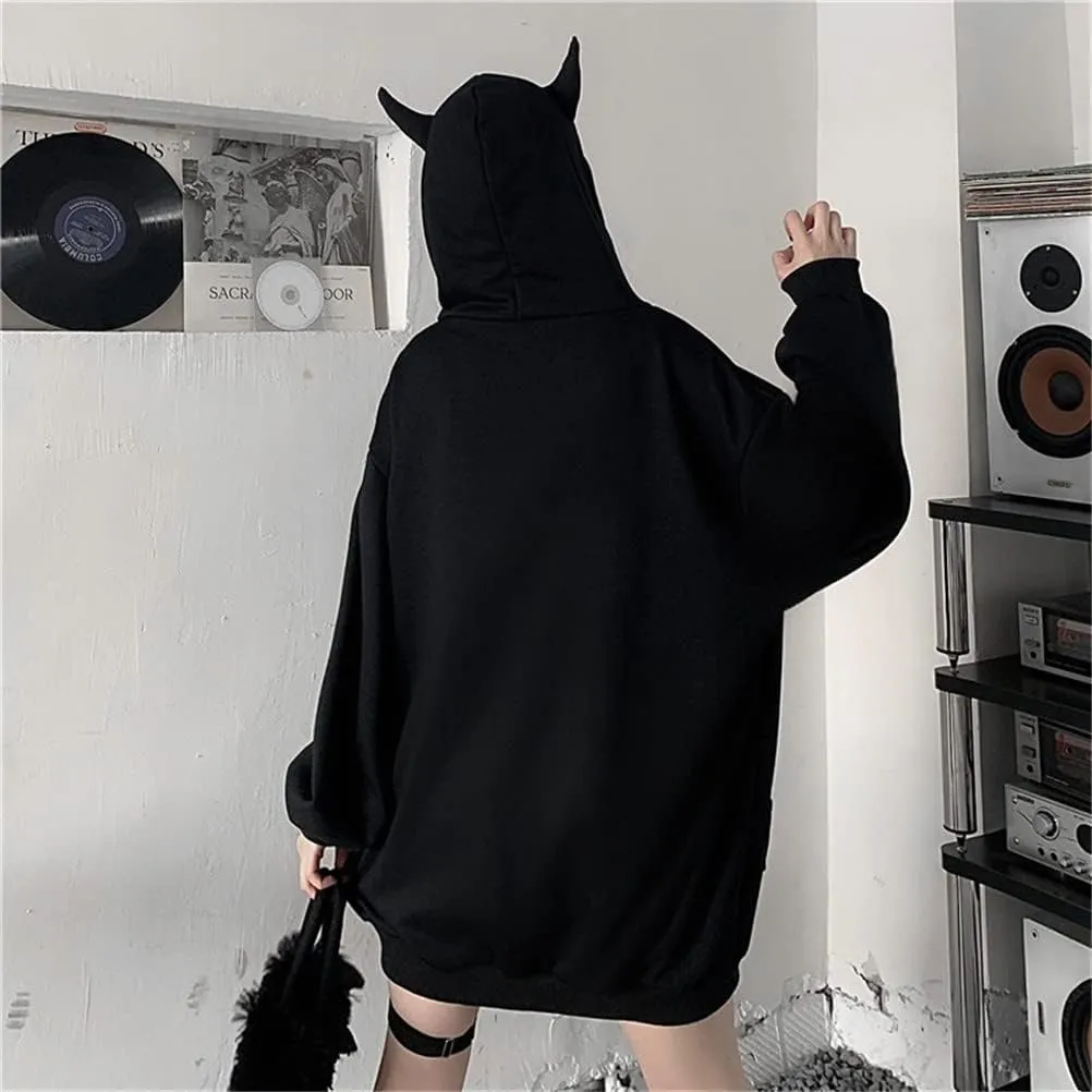 Women's Devil Ear Hoodies Gothic Butterfly Brooch Chain Oversized Harajuku Zipper Sweatshirt Jacket