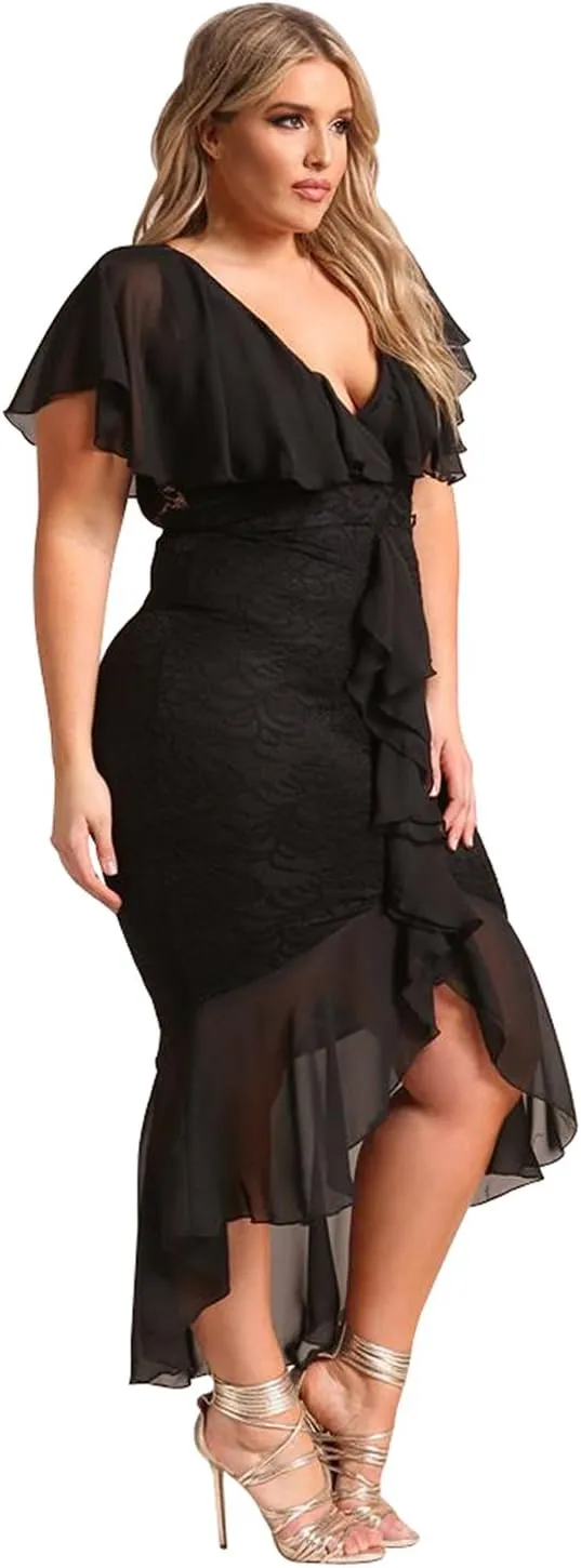 Women's Fashion Plus Size Chiffon Lace Waterfall Ruffle Hi Low Midi Dovetail Dress Short Sleeve Cocktail Party Dress
