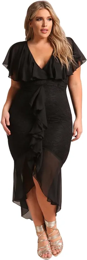 Women's Fashion Plus Size Chiffon Lace Waterfall Ruffle Hi Low Midi Dovetail Dress Short Sleeve Cocktail Party Dress