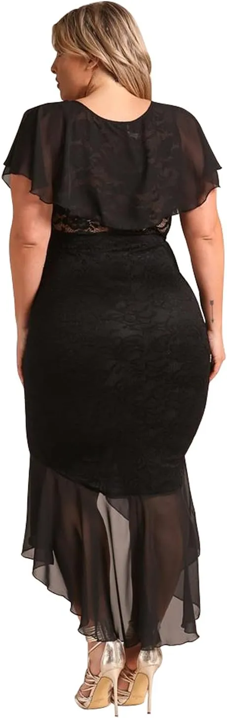 Women's Fashion Plus Size Chiffon Lace Waterfall Ruffle Hi Low Midi Dovetail Dress Short Sleeve Cocktail Party Dress