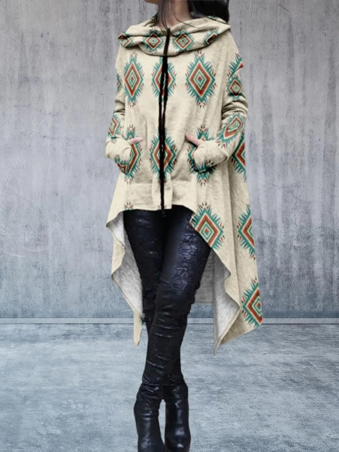 Womens Hoodies Cloak Oversized Aztec Fall High Low Pullover Robe Poncho Shirt Dress Hooded Sweatshirt with Pocket