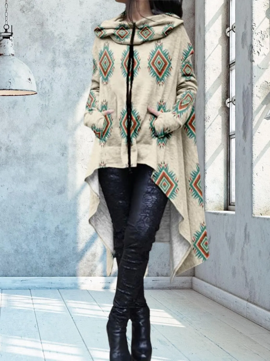 Womens Hoodies Cloak Oversized Aztec Fall High Low Pullover Robe Poncho Shirt Dress Hooded Sweatshirt with Pocket