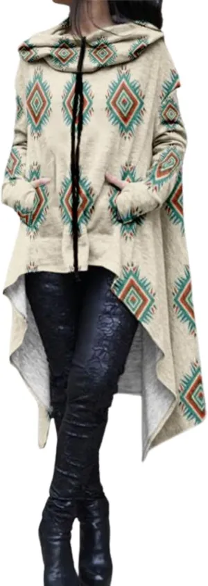 Womens Hoodies Cloak Oversized Aztec Fall High Low Pullover Robe Poncho Shirt Dress Hooded Sweatshirt with Pocket