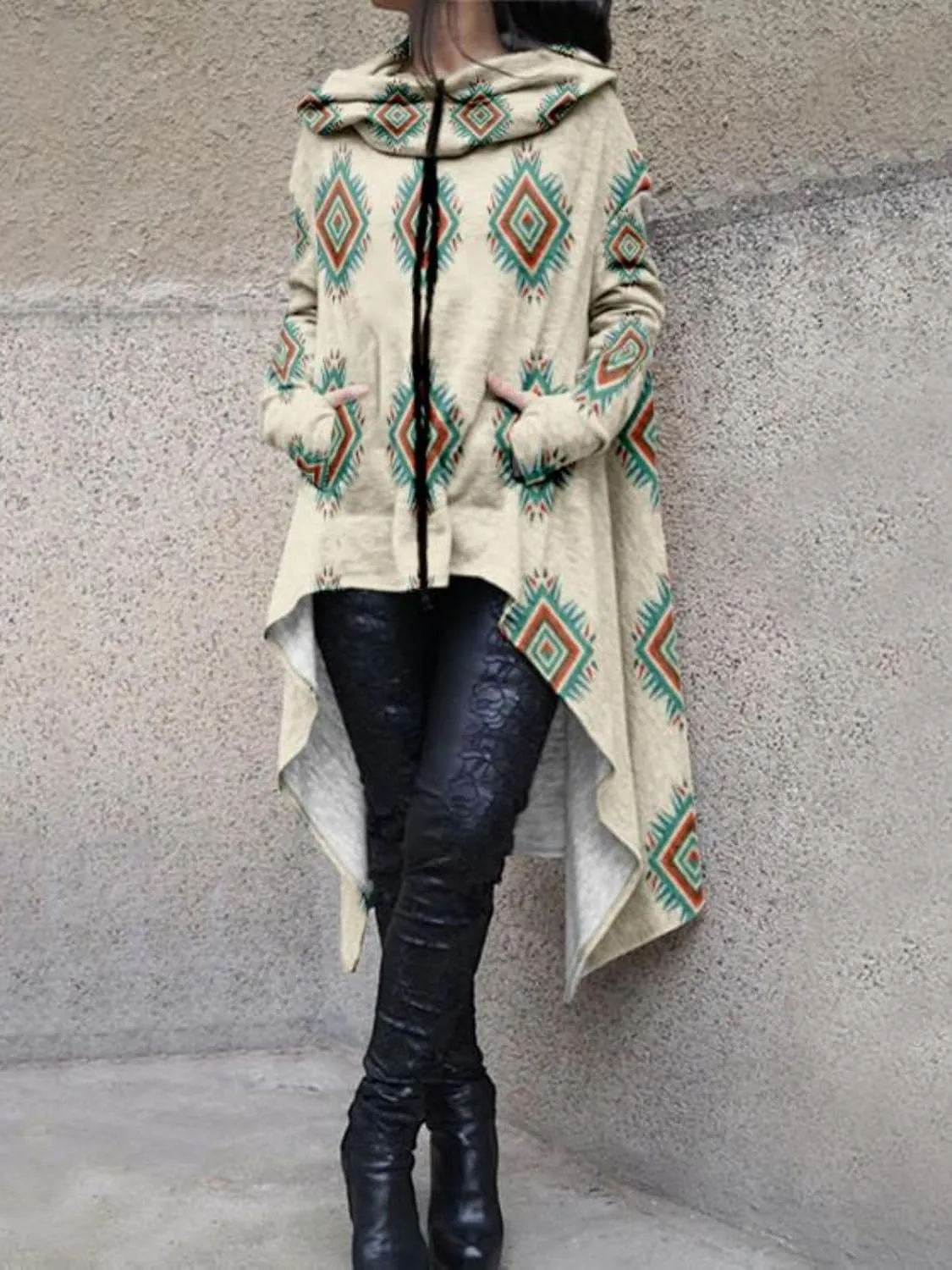 Womens Hoodies Cloak Oversized Aztec Fall High Low Pullover Robe Poncho Shirt Dress Hooded Sweatshirt with Pocket