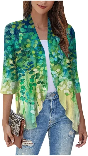 Womens Open Front Cardigan Lightweight Retro Print Cardigans 3/4 Sleeve Blouse Tops Coat Casual Duster Jackets