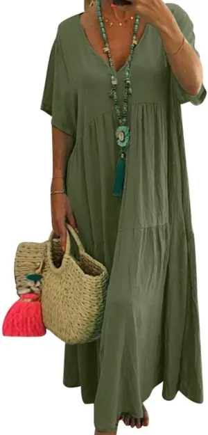 Womens Oversized Baggy Flowy Summer Beach Cotton Linen Maxi Dresses V Neck Casual Loose Floor Length Long Dress