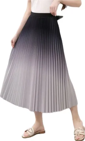 Women's Pleated Midi Skirt, Blue Ombre Gradient, High Waist, A-Line