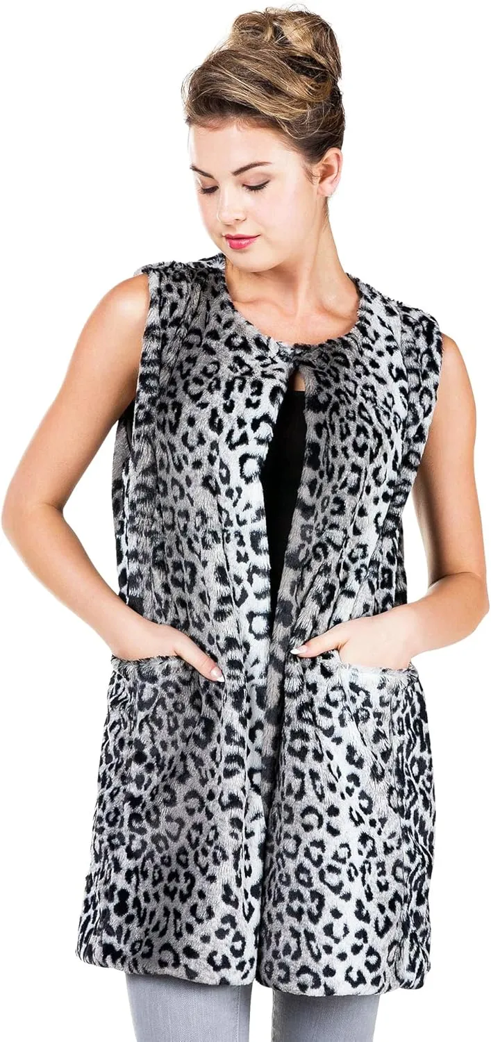 Women's Round Neck Faux Fur Long Open Vest with Pocket on The Front