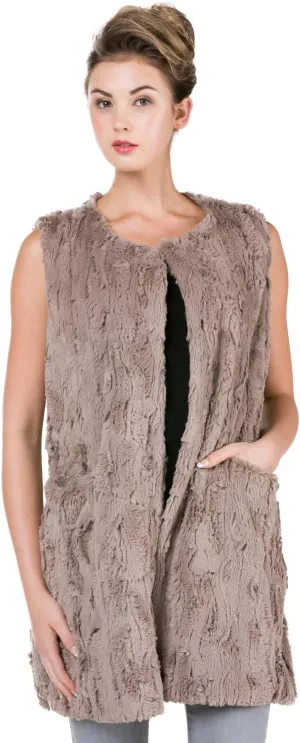 Women's Round Neck Faux Fur Long Open Vest with Pocket on The Front