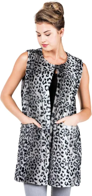Women's Round Neck Faux Fur Long Open Vest with Pocket on The Front
