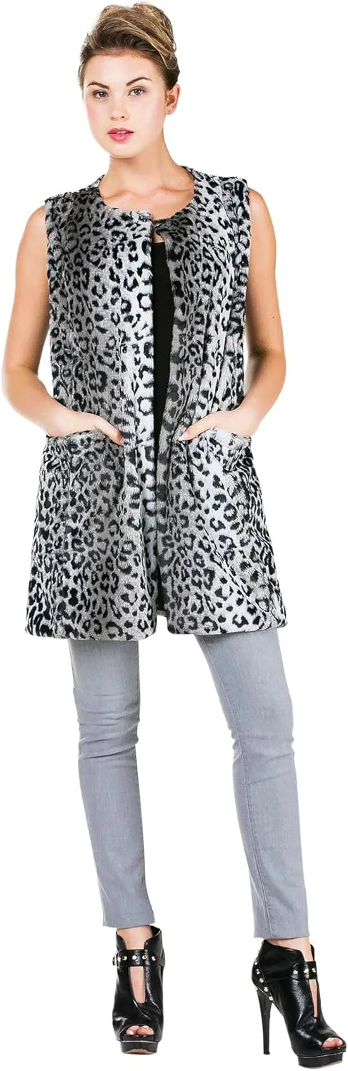 Women's Round Neck Faux Fur Long Open Vest with Pocket on The Front