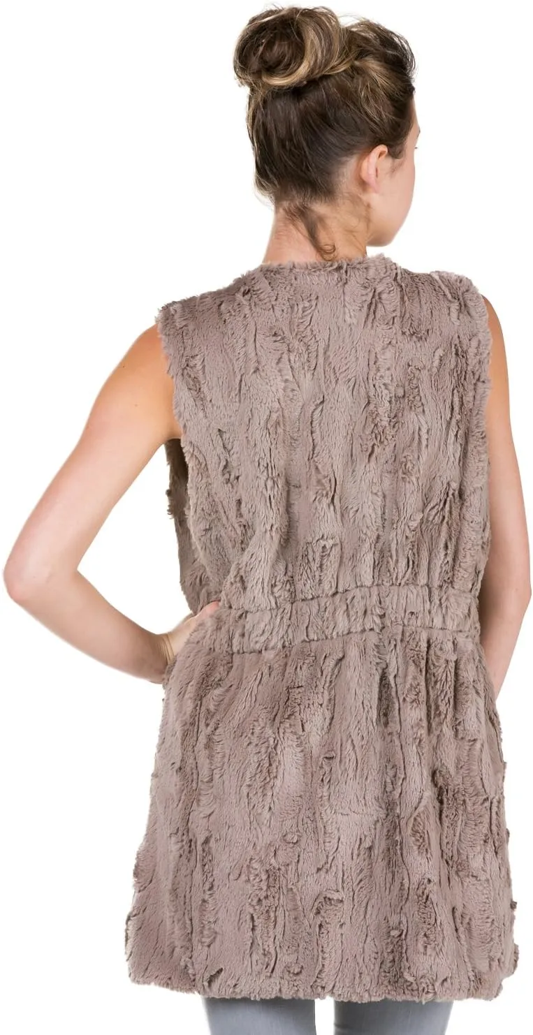 Women's Round Neck Faux Fur Long Open Vest with Pocket on The Front
