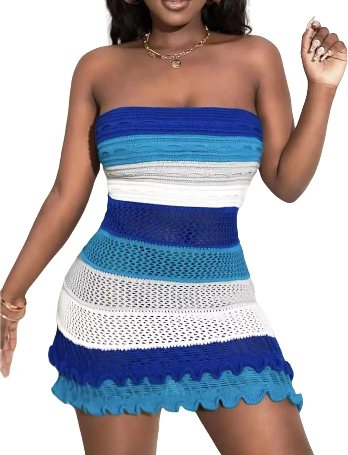 Women's Sexy Color Block Knitted Striped Ruffle Hem Tube Mini Dress Summer Strapless Stretch Bodycon Party Clubwear