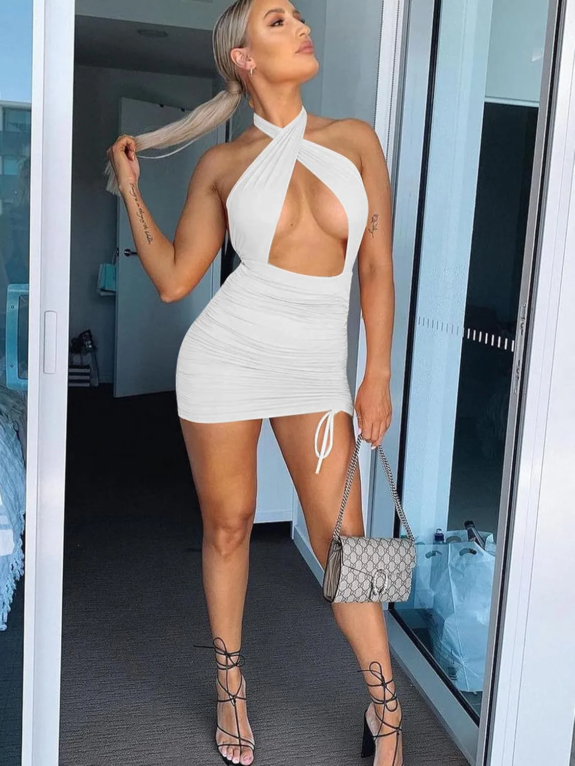 Women's Sexy Criss Cross Halter Tie Up Backless Drawstring Ruched Bodycon Mini Club Party Dress