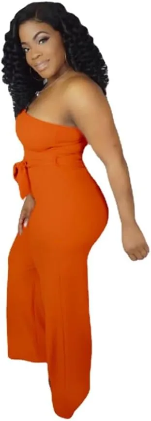 Women's Sexy One Shoulder Slit Sleeve High Waist One Piece Pant Outfit Wide Leg Jumpsuit Romper