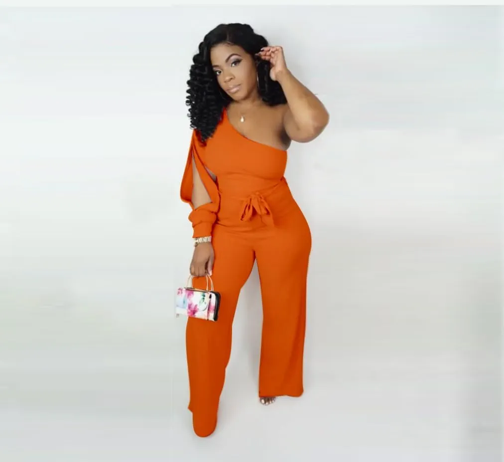 Women's Sexy One Shoulder Slit Sleeve High Waist One Piece Pant Outfit Wide Leg Jumpsuit Romper