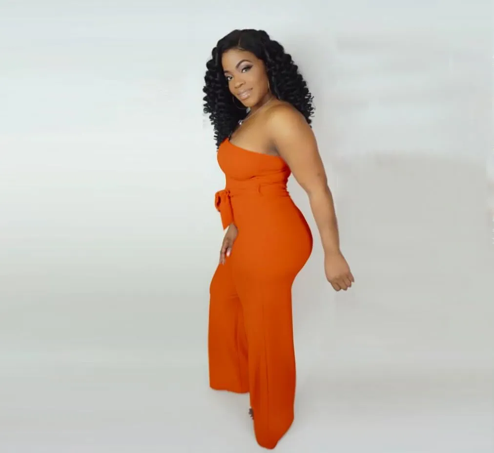 Women's Sexy One Shoulder Slit Sleeve High Waist One Piece Pant Outfit Wide Leg Jumpsuit Romper