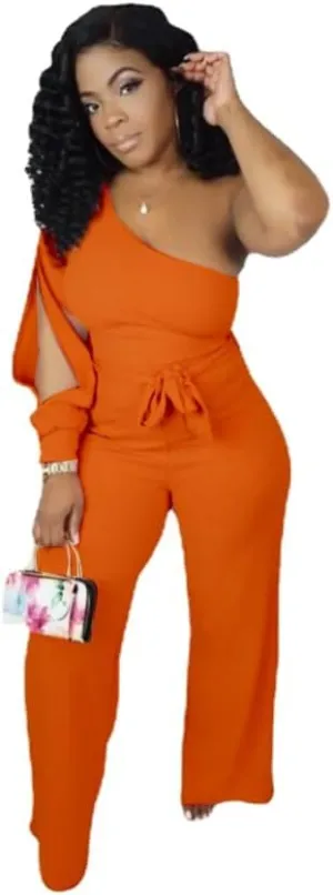 Women's Sexy One Shoulder Slit Sleeve High Waist One Piece Pant Outfit Wide Leg Jumpsuit Romper