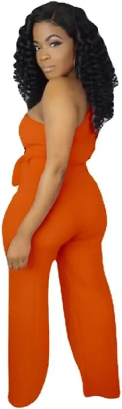 Women's Sexy One Shoulder Slit Sleeve High Waist One Piece Pant Outfit Wide Leg Jumpsuit Romper