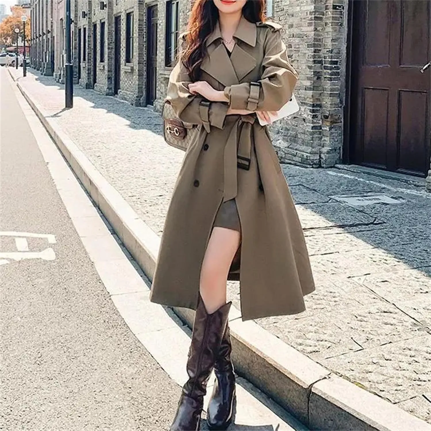 Women's Spring Solid Color Turn-Down Collar Trench Coat  Patchwork Oversized Double-Breasted Long Overcoat