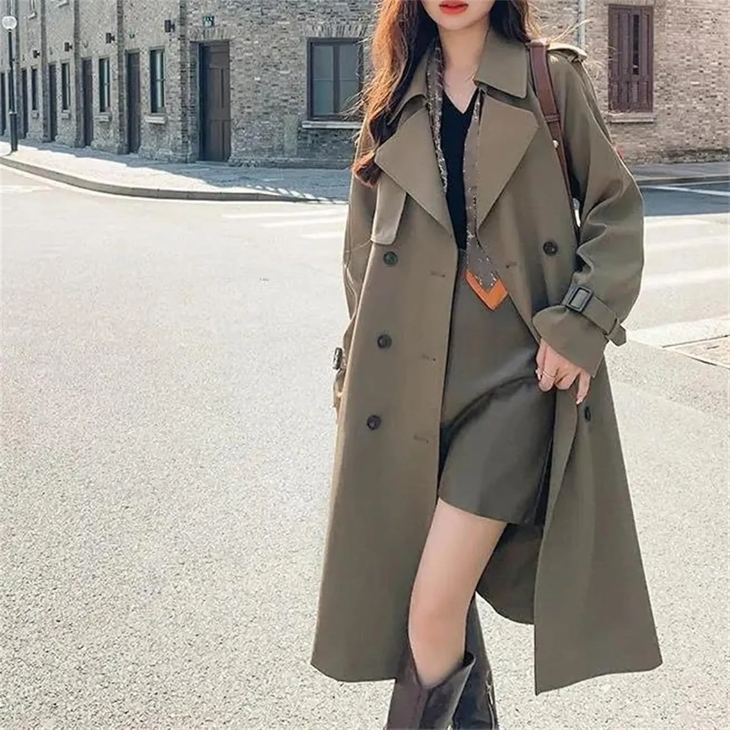 Women's Spring Solid Color Turn-Down Collar Trench Coat  Patchwork Oversized Double-Breasted Long Overcoat