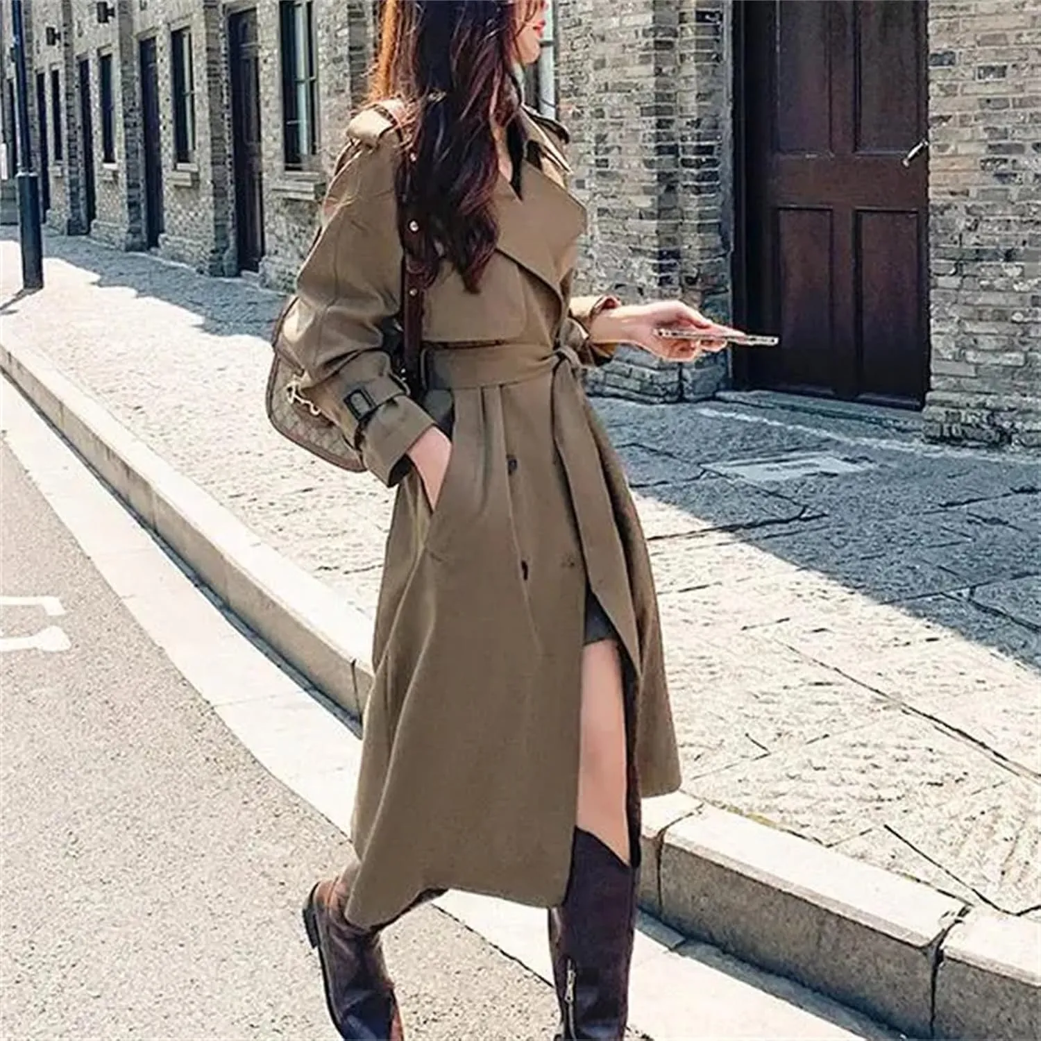 Women's Spring Solid Color Turn-Down Collar Trench Coat  Patchwork Oversized Double-Breasted Long Overcoat