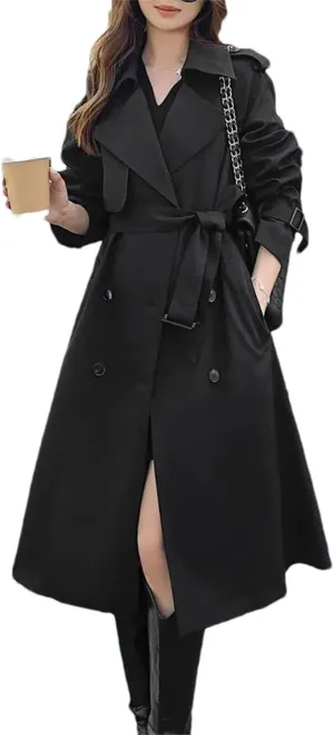 Women's Spring Solid Color Turn-Down Collar Trench Coat  Patchwork Oversized Double-Breasted Long Overcoat