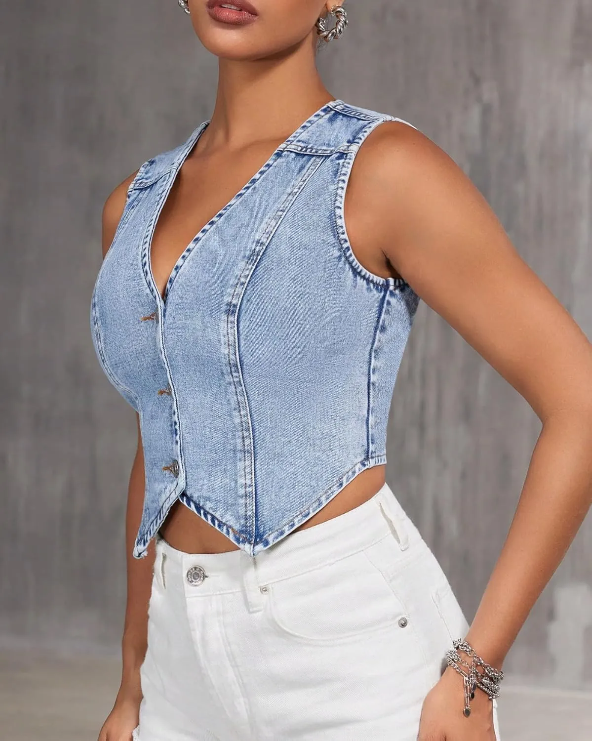 Women's V Neck Asymmetrical Hem Sleeveless Button Front Crop Denim Vest