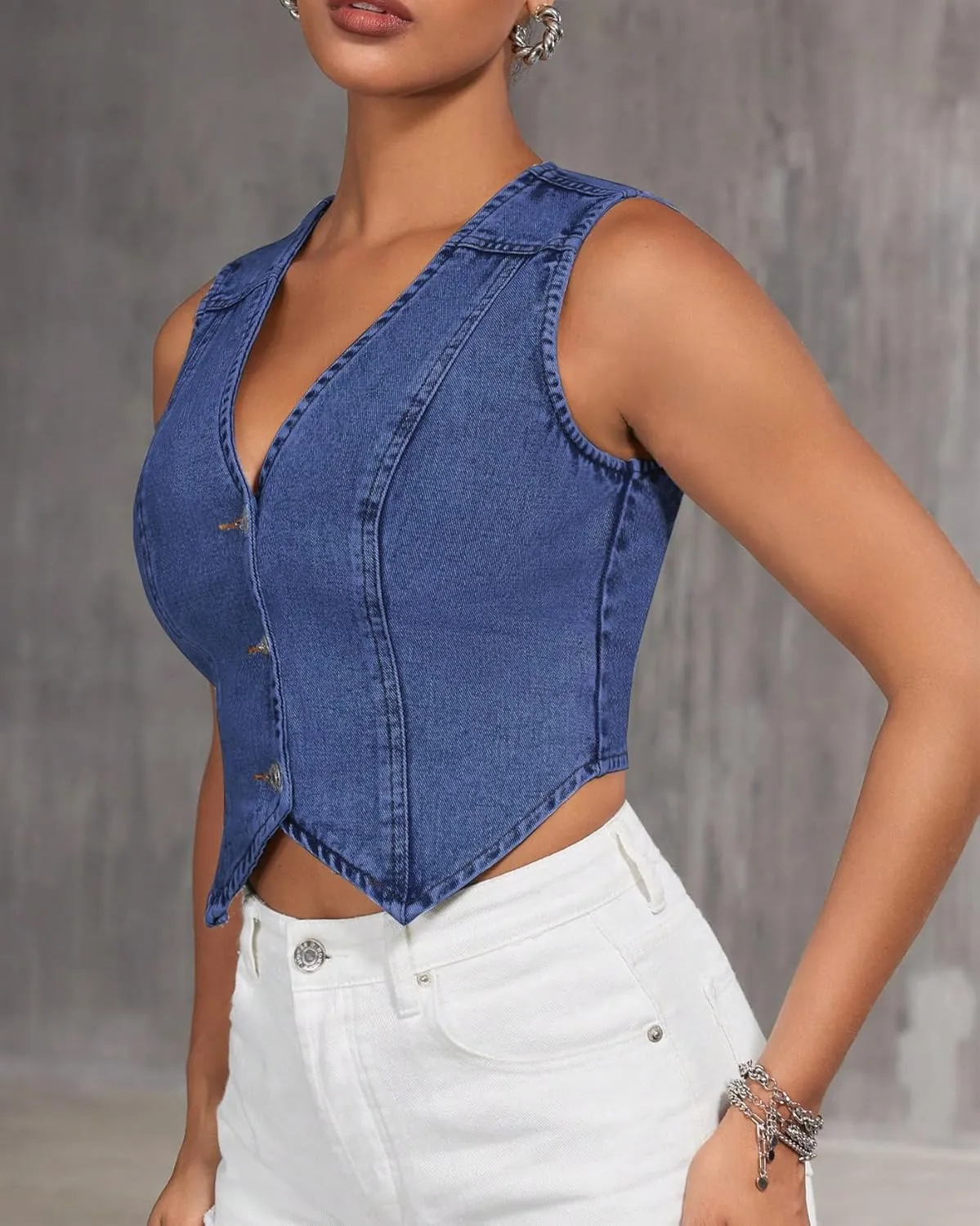 Women's V Neck Asymmetrical Hem Sleeveless Button Front Crop Denim Vest