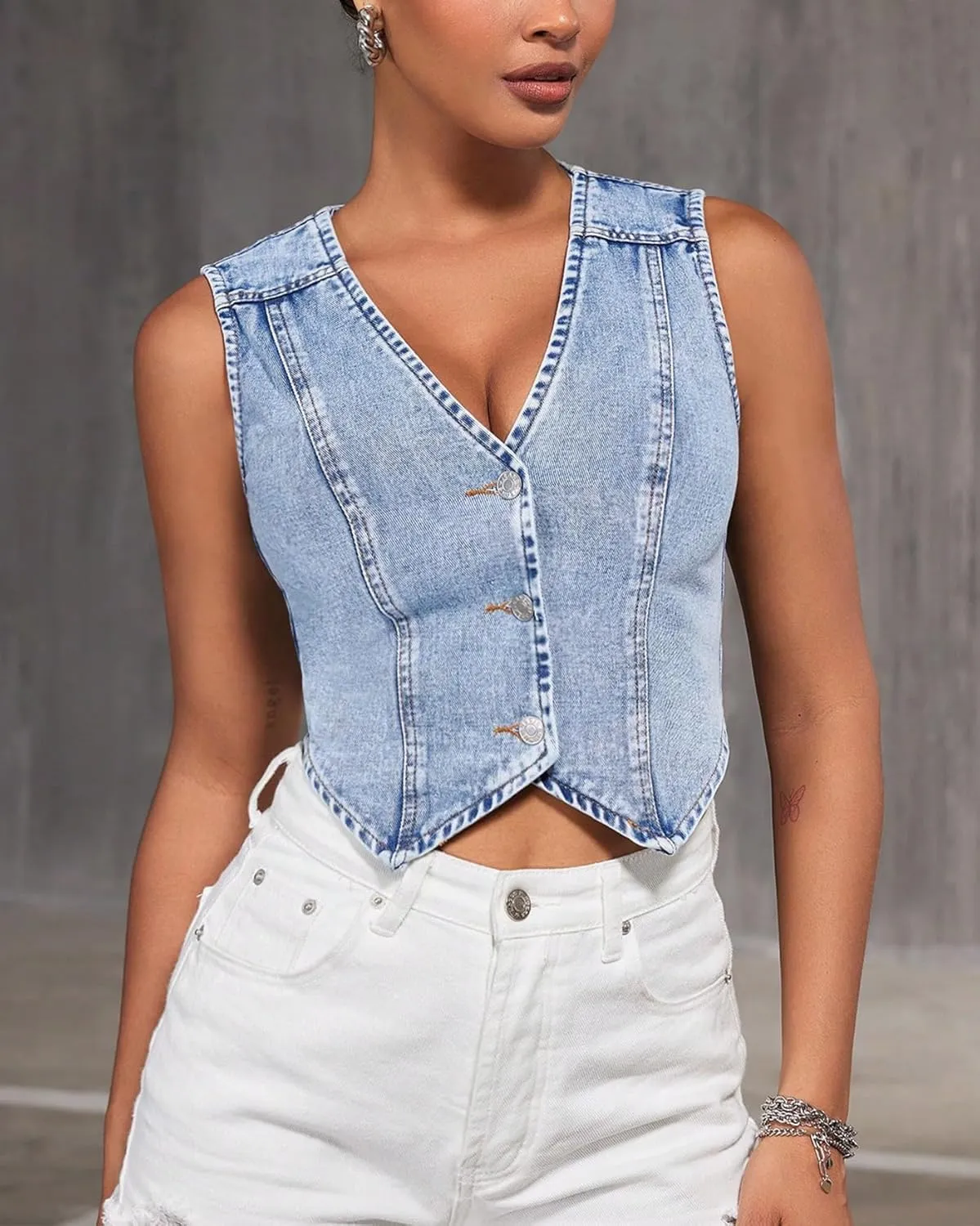 Women's V Neck Asymmetrical Hem Sleeveless Button Front Crop Denim Vest