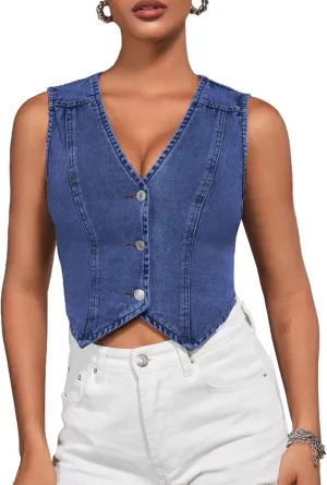 Women's V Neck Asymmetrical Hem Sleeveless Button Front Crop Denim Vest