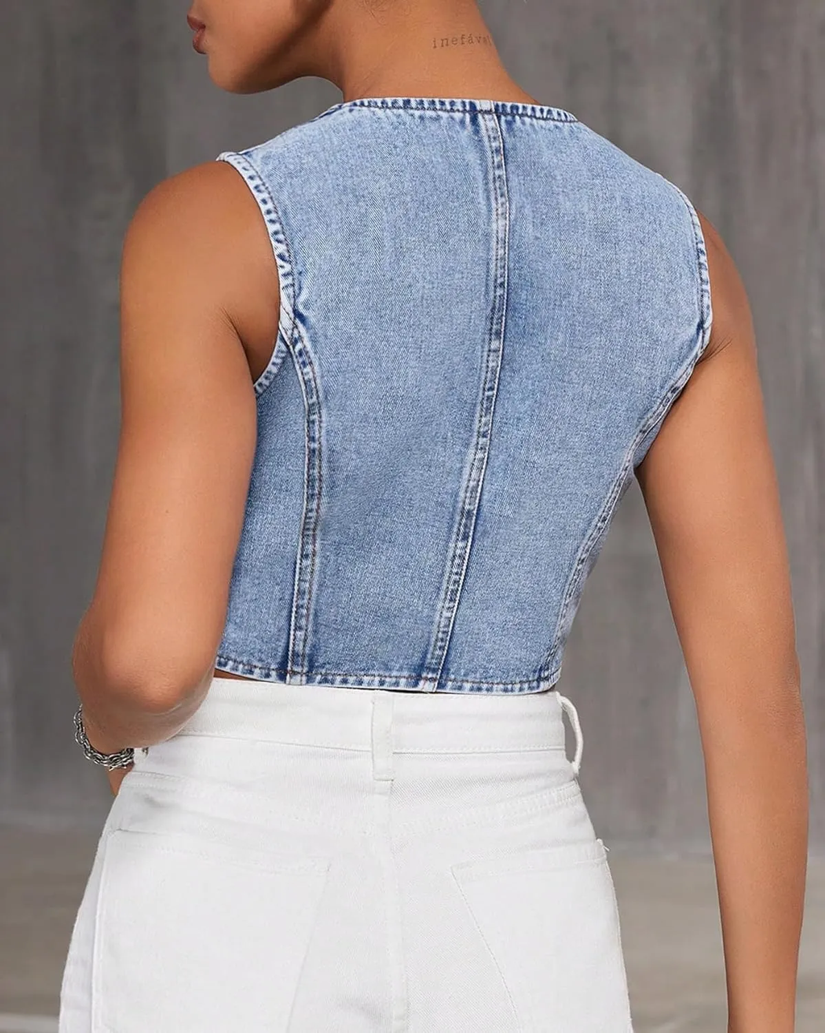 Women's V Neck Asymmetrical Hem Sleeveless Button Front Crop Denim Vest