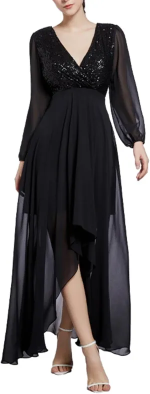 Women's Wedding Bridesmaid Sparkly Maxi Gown, Elegant Formal Long Sleeve V-Neck Chiffon Evening Dress Flowy Dresses