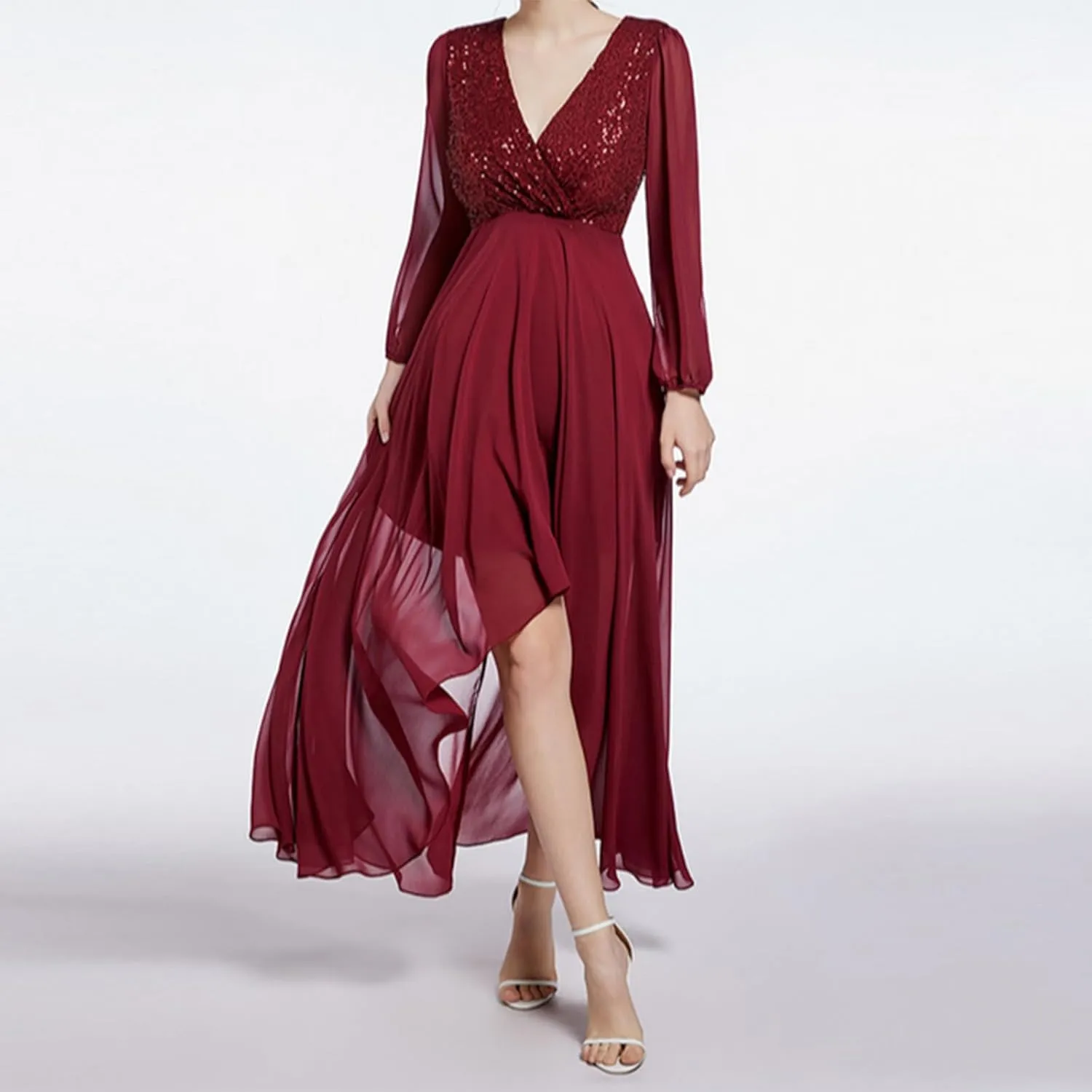 Women's Wedding Bridesmaid Sparkly Maxi Gown, Elegant Formal Long Sleeve V-Neck Chiffon Evening Dress Flowy Dresses