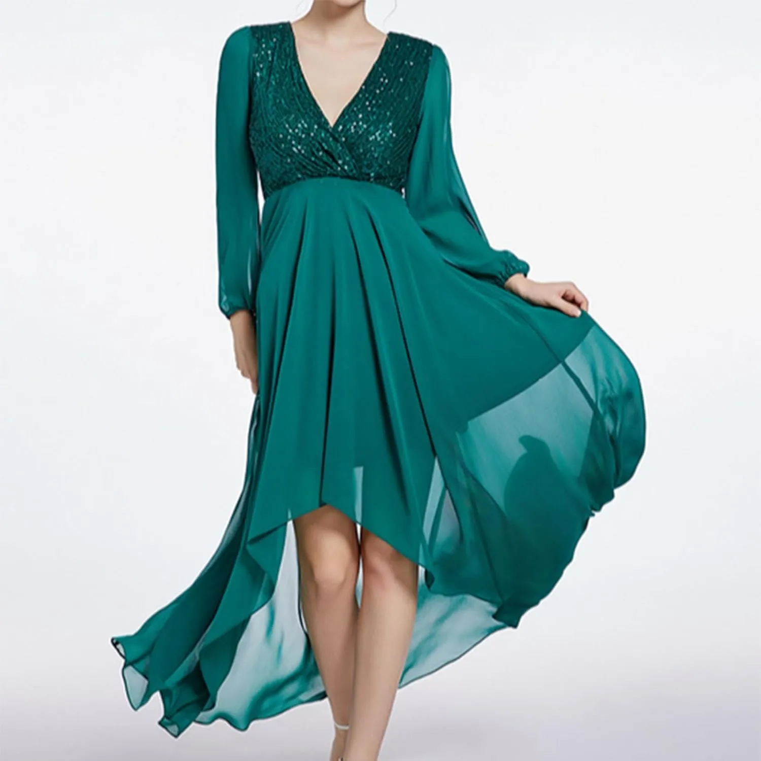 Women's Wedding Bridesmaid Sparkly Maxi Gown, Elegant Formal Long Sleeve V-Neck Chiffon Evening Dress Flowy Dresses