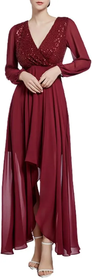 Women's Wedding Bridesmaid Sparkly Maxi Gown, Elegant Formal Long Sleeve V-Neck Chiffon Evening Dress Flowy Dresses