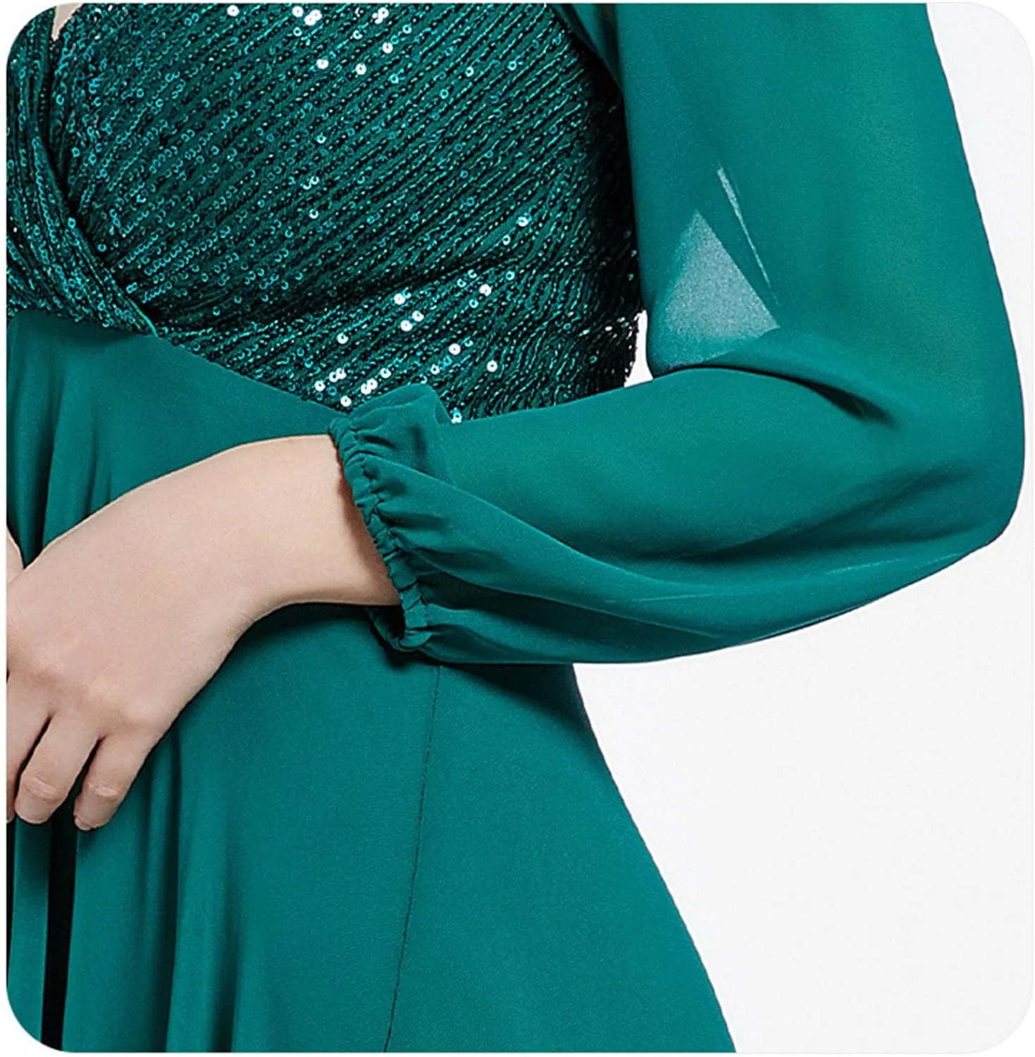 Women's Wedding Bridesmaid Sparkly Maxi Gown, Elegant Formal Long Sleeve V-Neck Chiffon Evening Dress Flowy Dresses