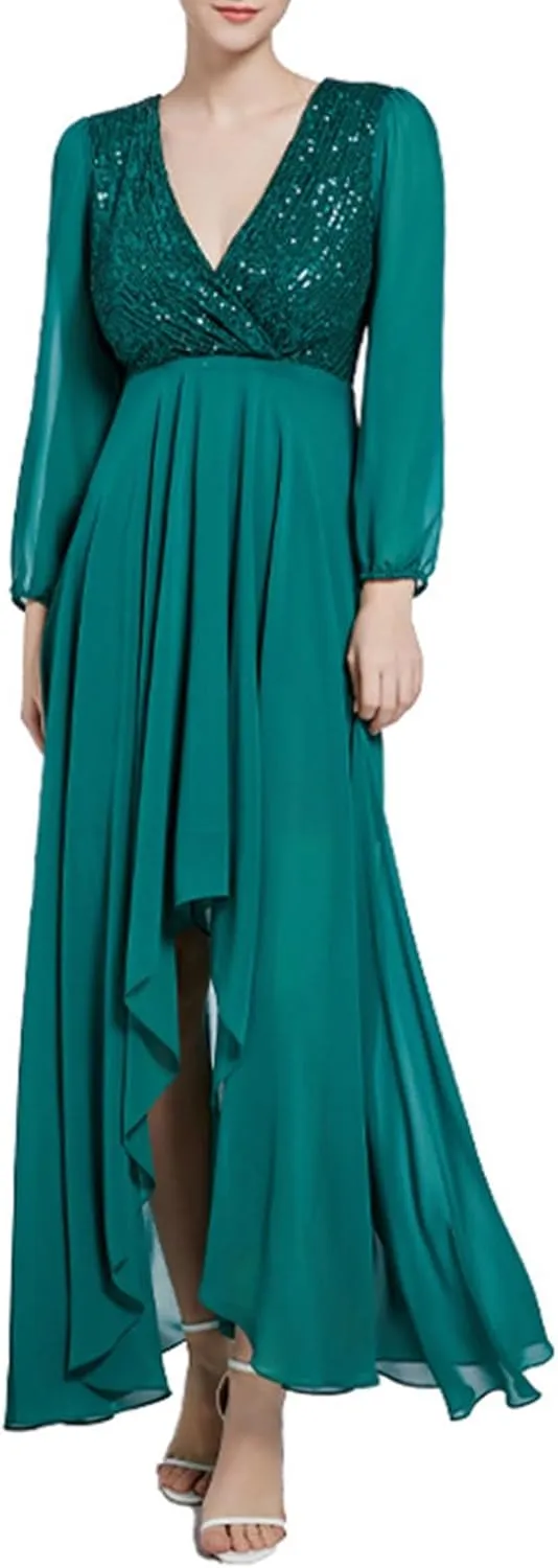 Women's Wedding Bridesmaid Sparkly Maxi Gown, Elegant Formal Long Sleeve V-Neck Chiffon Evening Dress Flowy Dresses