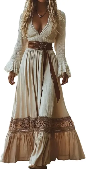 Women's Western Cowgirl Dress 70s Vintage Elegant Colorblock Maxi Dress Fall Casual Long Sleeve Boho Long Dress