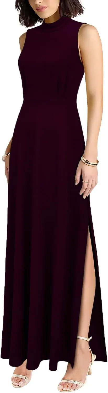 WOOSEA Women Sleeveless High Neck Split Evening Cocktail A-Line Long Dress