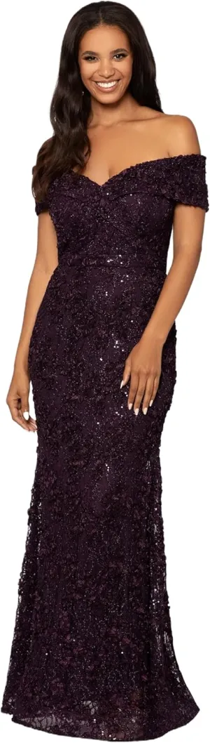 Xscape Women's Plus Size Off The Shoulder Sweetheart Neckline Long Lace Dress