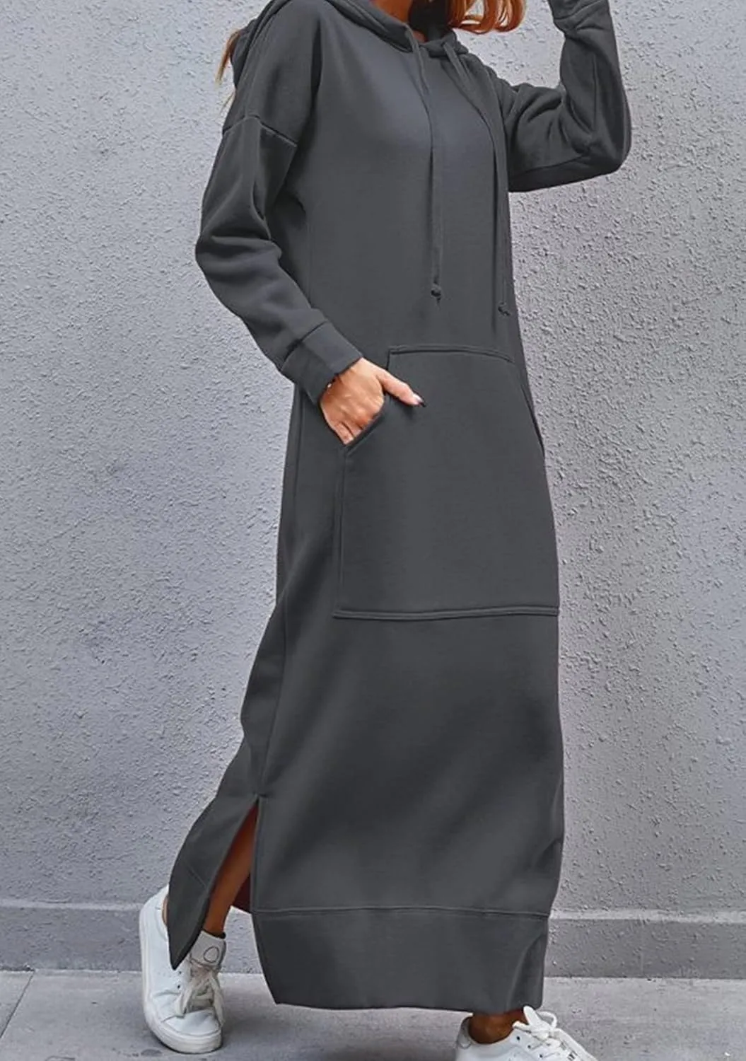 YMING Women's Hooded Maxi Pullover Dress Drawstring Solid Color Long Sweatshirt Fall Loose Slit Hoodies with Pockets
