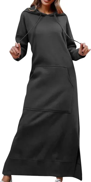 YMING Women's Hooded Maxi Pullover Dress Drawstring Solid Color Long Sweatshirt Fall Loose Slit Hoodies with Pockets
