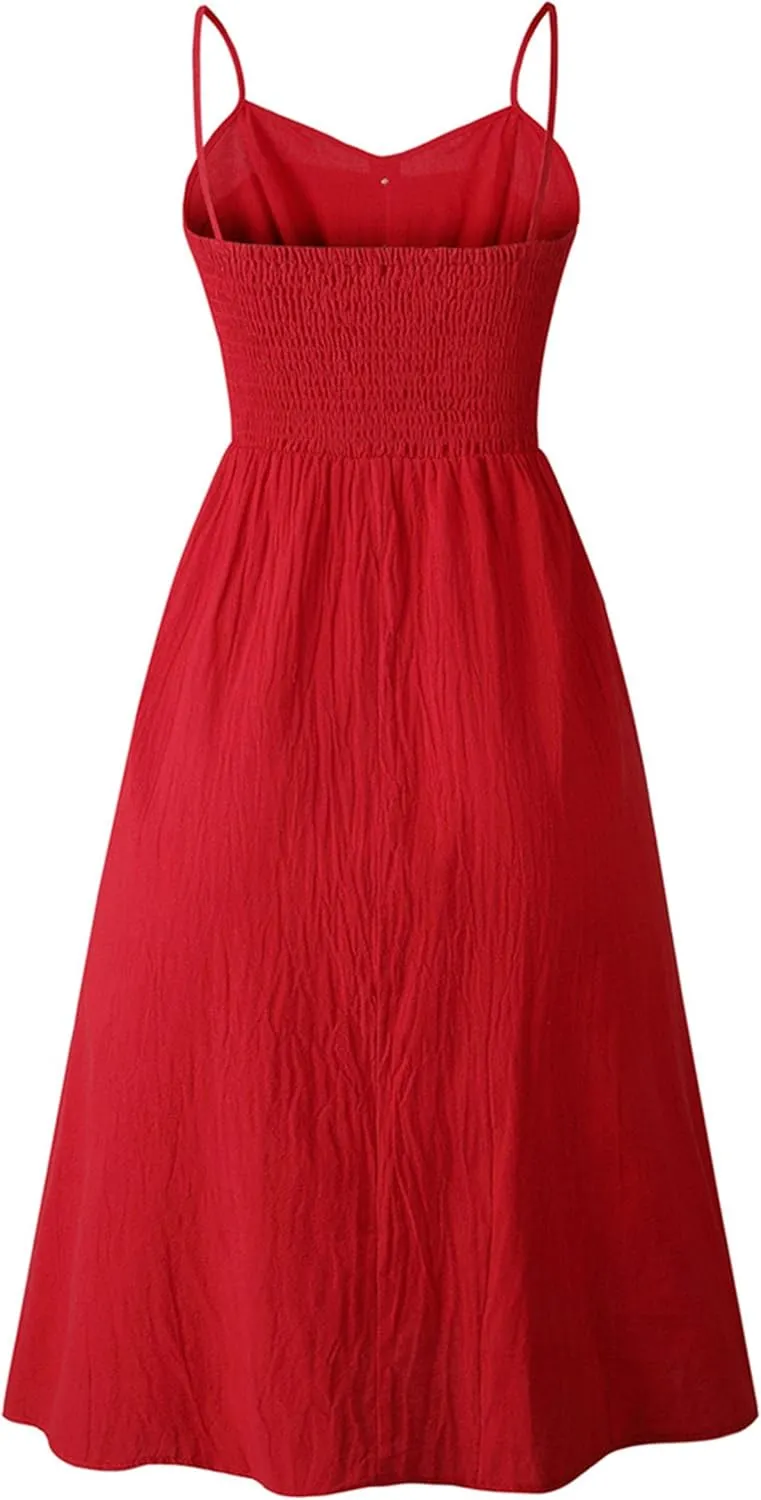 YMING Womens Summer Spaghetti Strap Dresses Button Down Floral Sundress High Waist Swing Midi Dress with Pockets